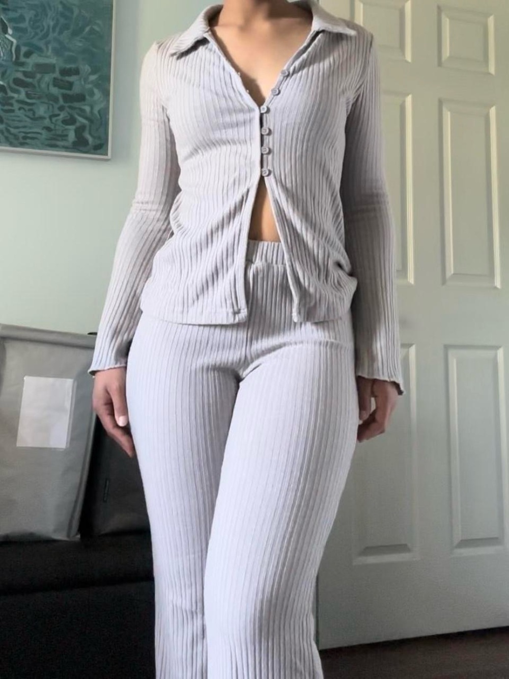 Fashion Nova Light Gray Ribbed Button-Up Two-Piece Set